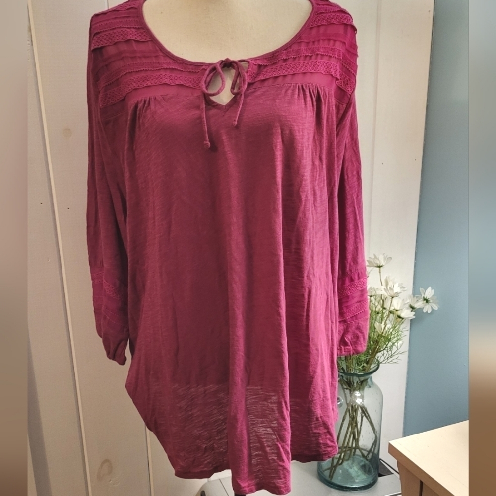 Luck Brand Fushia Peasant Semi Sheer Tunic Top Size 3X